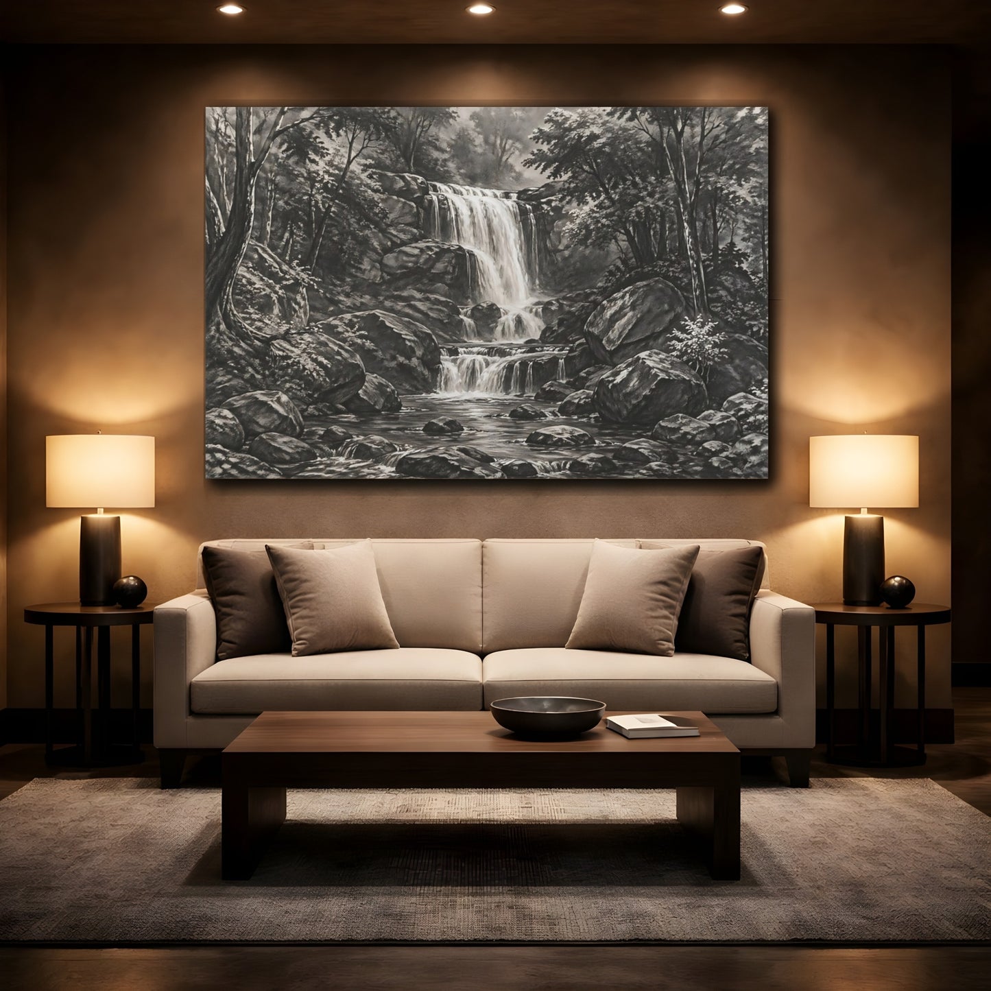 Mockup 2. Nature Waterfall Monochrome Landscape shown as stretched canvas wall art