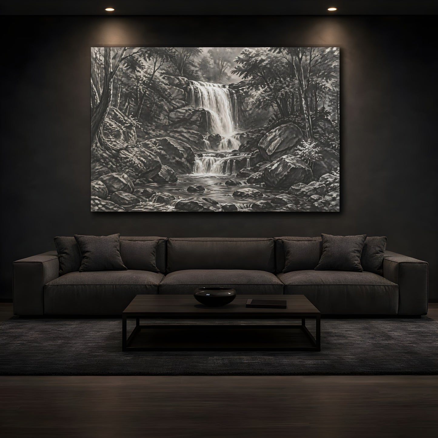 Mockup 3. Nature Waterfall Monochrome Landscape shown as stretched canvas wall art