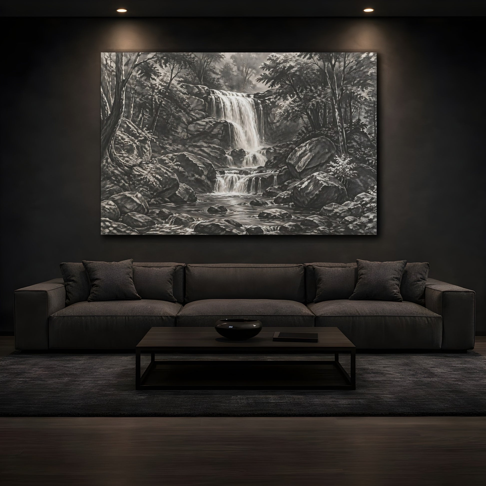 Mockup 3. Nature Waterfall Monochrome Landscape shown as stretched canvas wall art