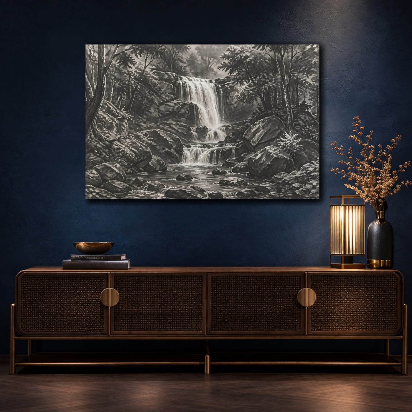Mockup 4. Nature Waterfall Monochrome Landscape shown as stretched canvas wall art