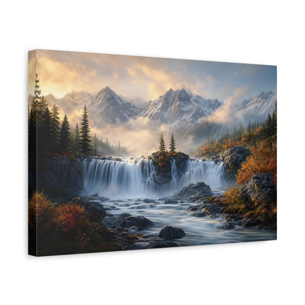 Nature Waterfall Mountain Autumn Canvas Print – Realistic Living Room, Above Sofa - YesArtYes
