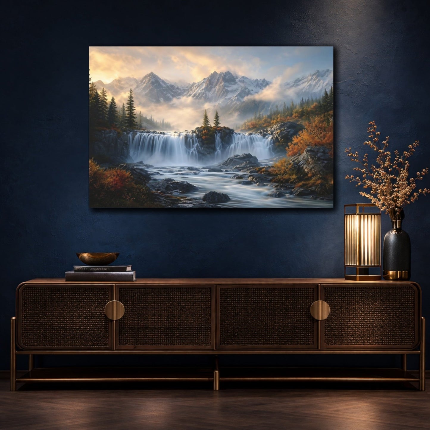 Nature Waterfall Mountain Autumn Canvas Print – Realistic Living Room, Above Sofa - YesArtYes