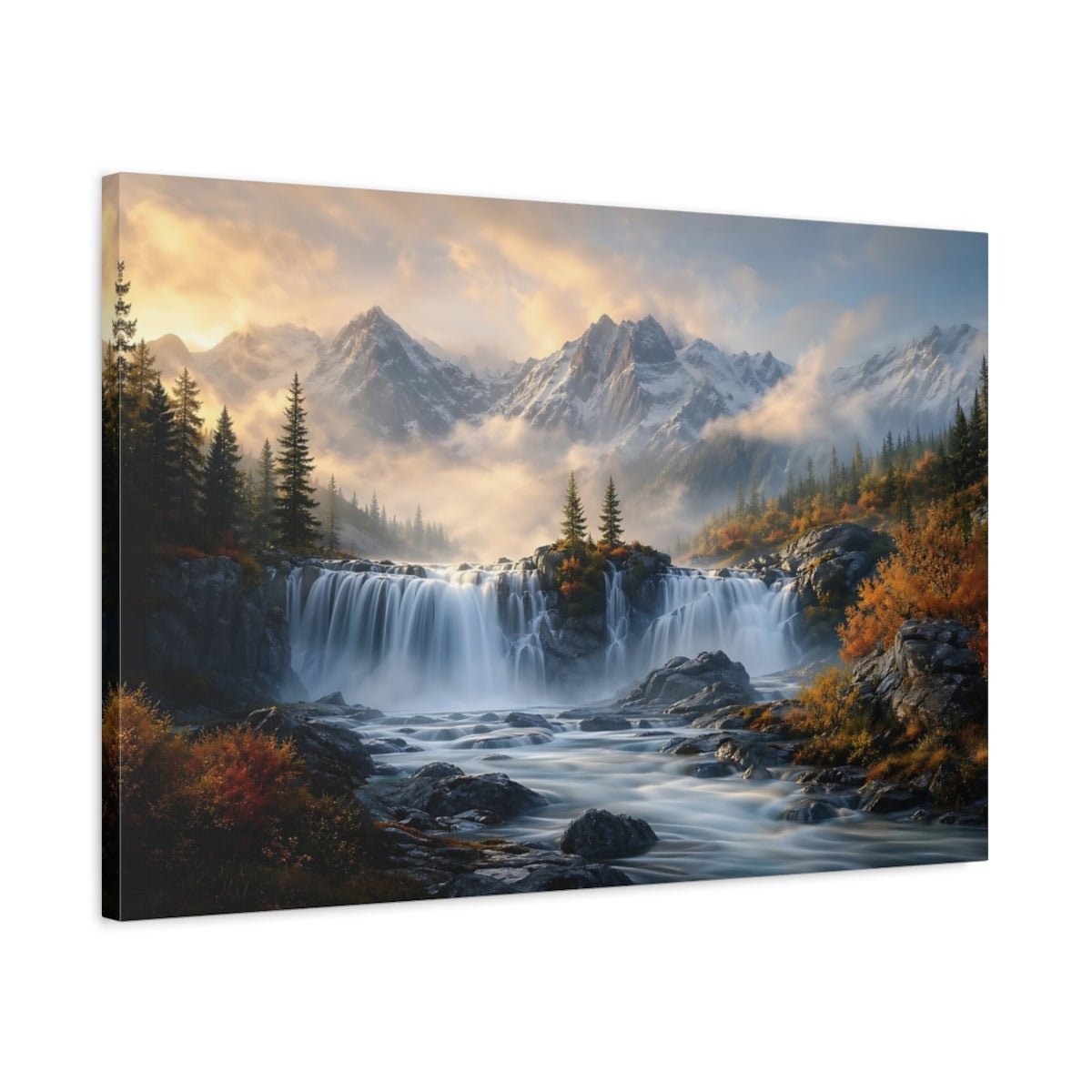 Nature Waterfall Mountain Autumn Canvas Print – Realistic Living Room, Above Sofa - YesArtYes