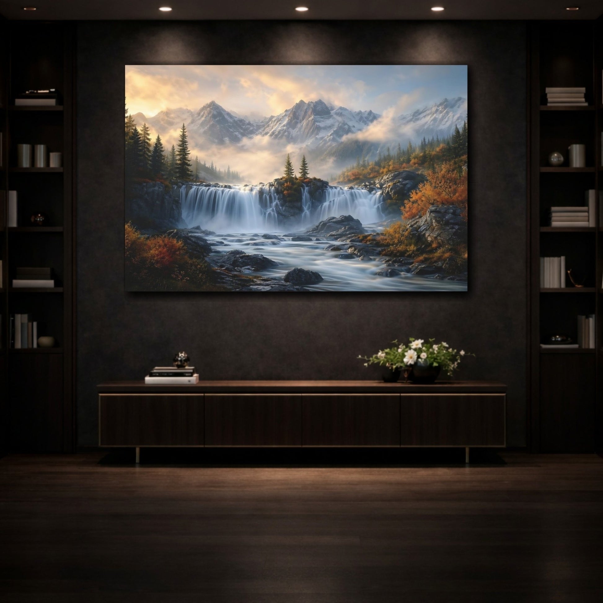 Nature Waterfall Mountain Autumn Canvas Print – Realistic Living Room, Above Sofa - YesArtYes