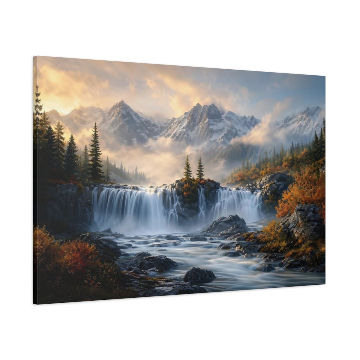 Nature Waterfall Mountain Autumn Canvas Print – Realistic Living Room, Above Sofa - YesArtYes