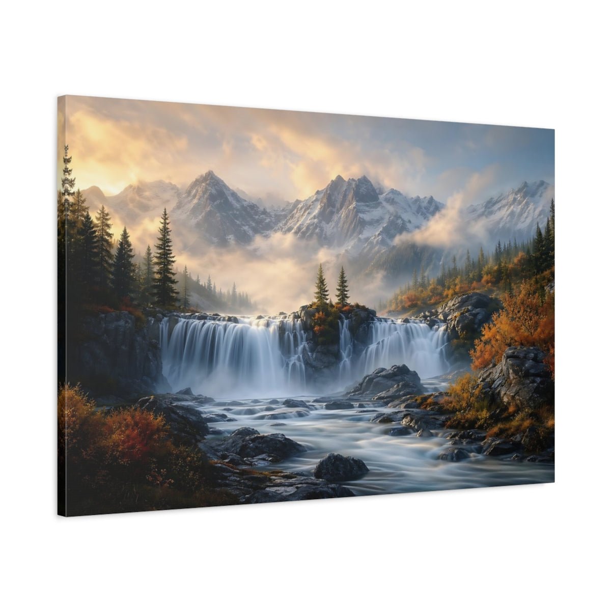 Nature Waterfall Mountain Autumn Canvas Print – Realistic Living Room, Above Sofa - YesArtYes
