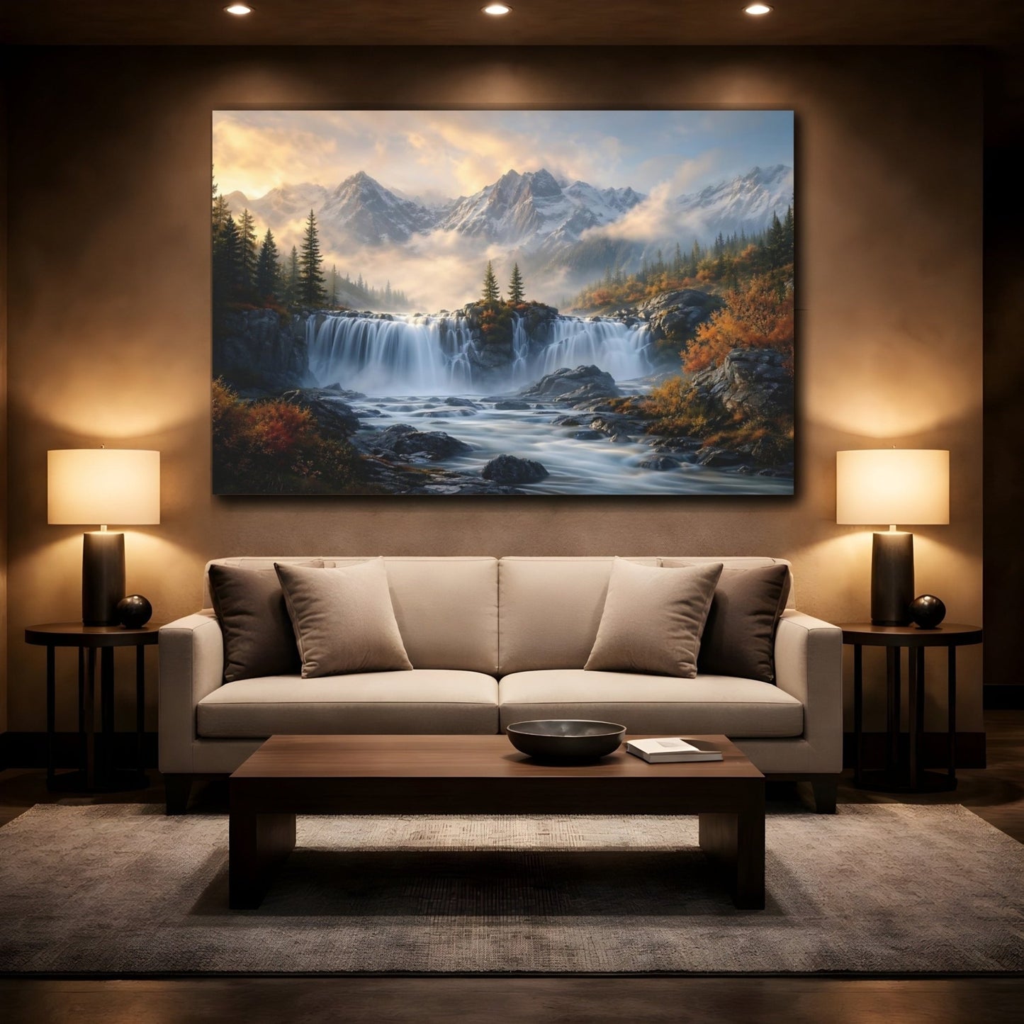 Nature Waterfall Mountain Autumn Canvas Print – Realistic Living Room, Above Sofa - YesArtYes