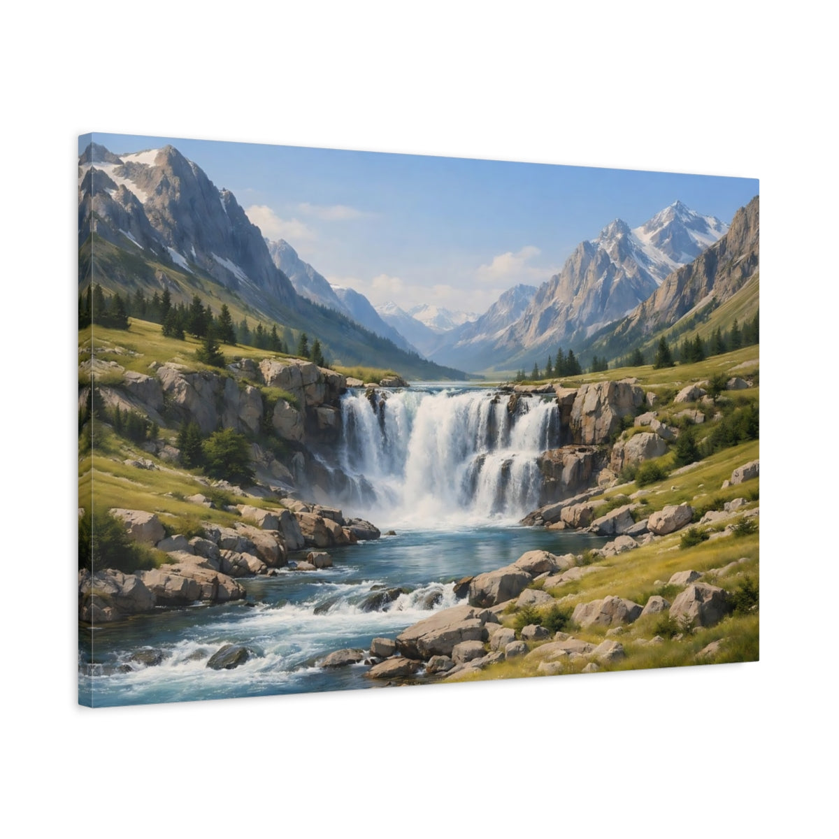 Side Mockup 2. Nature Waterfall Mountain Waterfall Blue shown as stretched canvas wall art
