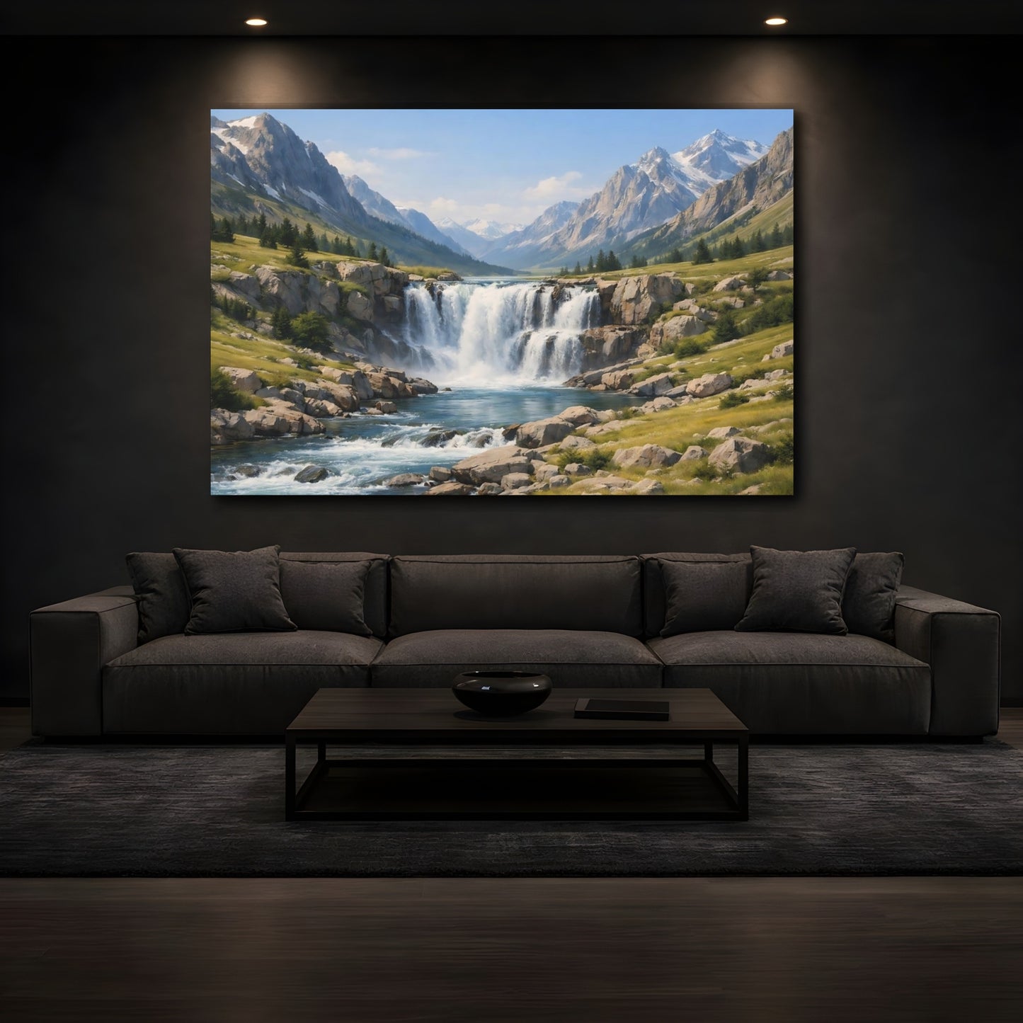 Mockup 2. Nature Waterfall Mountain Waterfall Blue shown as stretched canvas wall art