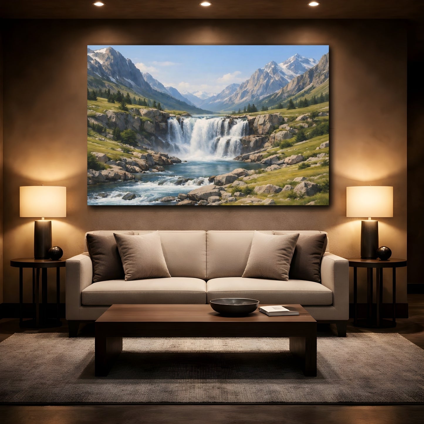 Mockup 3. Nature Waterfall Mountain Waterfall Blue shown as stretched canvas wall art