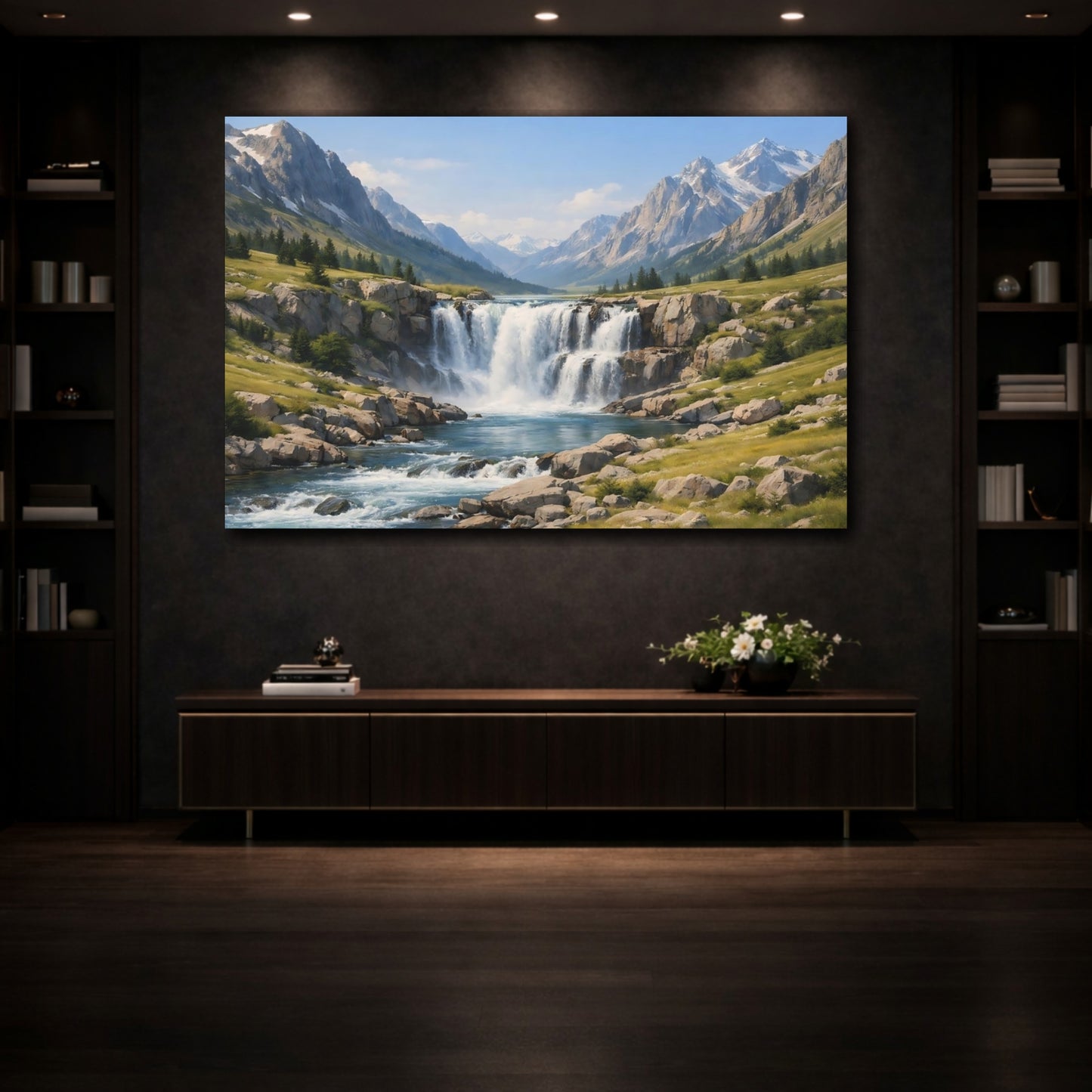 Mockup 4. Nature Waterfall Mountain Waterfall Blue shown as stretched canvas wall art