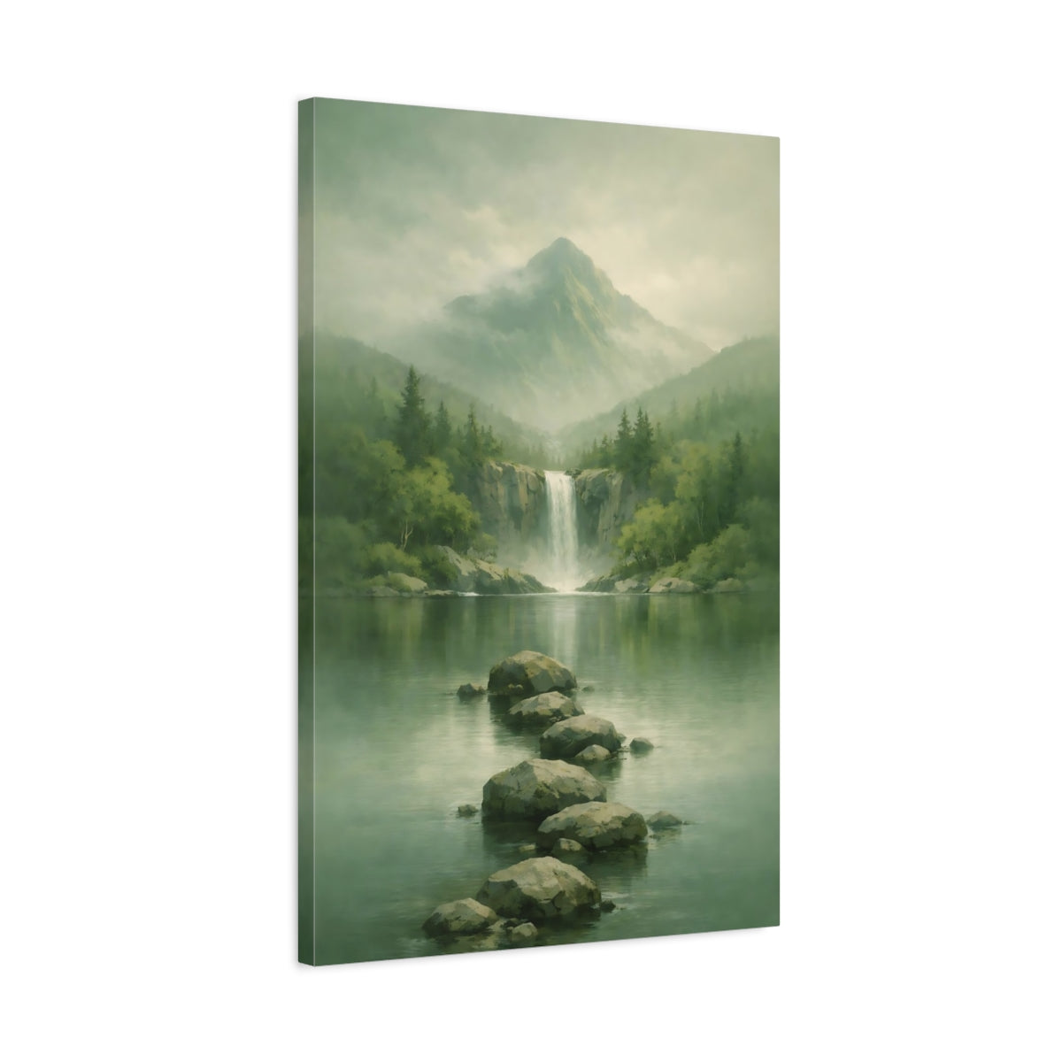 Side Mockup 2. Nature Waterfall, Mountains Misty Green shown as stretched canvas wall art