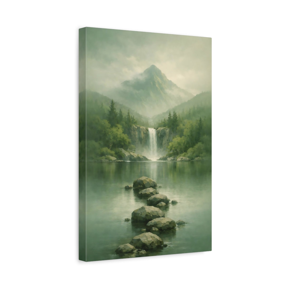 Side Mockup 4. Nature Waterfall, Mountains Misty Green shown as stretched canvas wall art