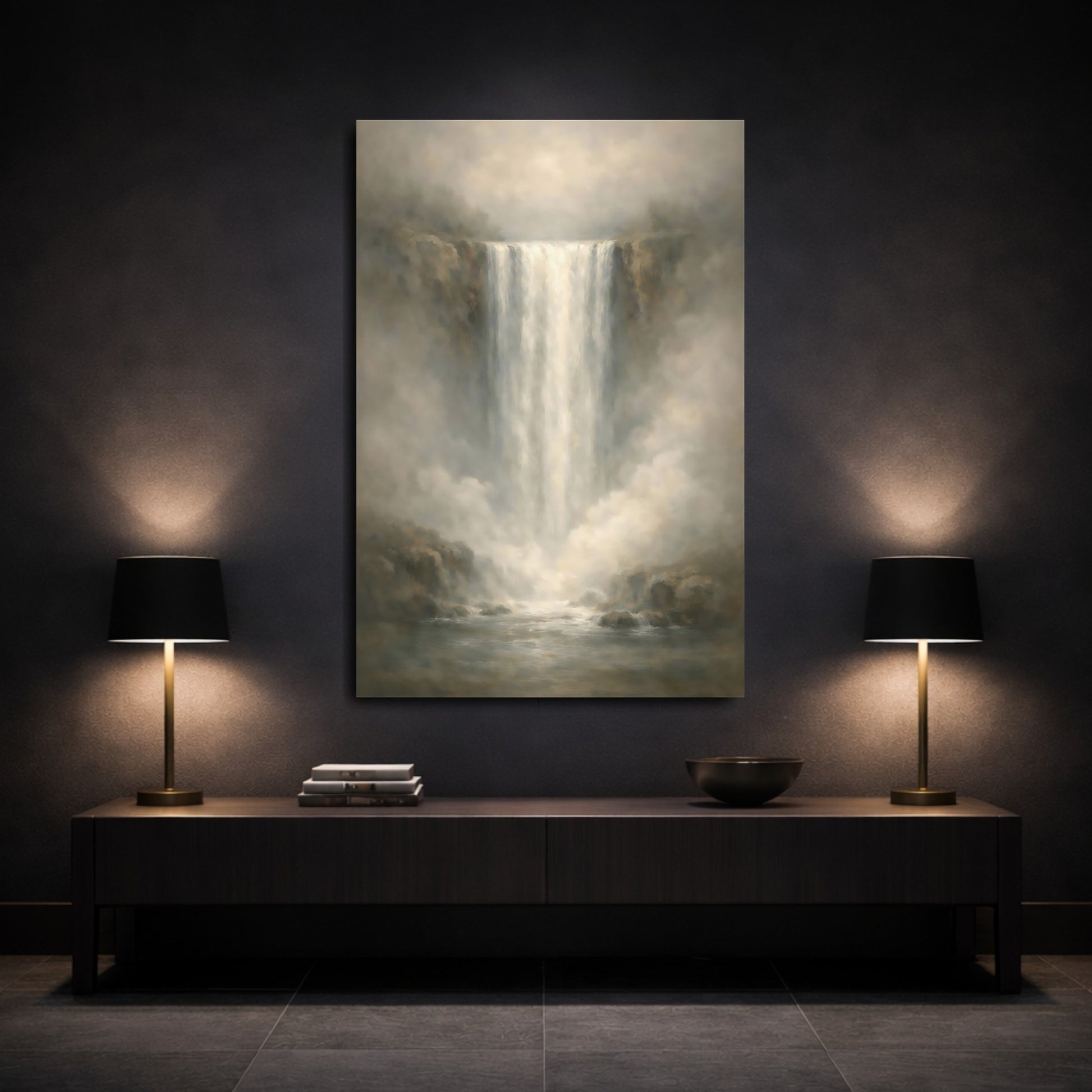 Mockup 2. Nature Waterfall Muted Grey Waterfall shown as stretched canvas wall art