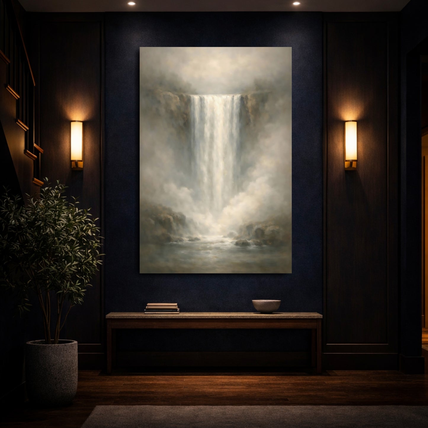 Mockup 3. Nature Waterfall Muted Grey Waterfall shown as stretched canvas wall art