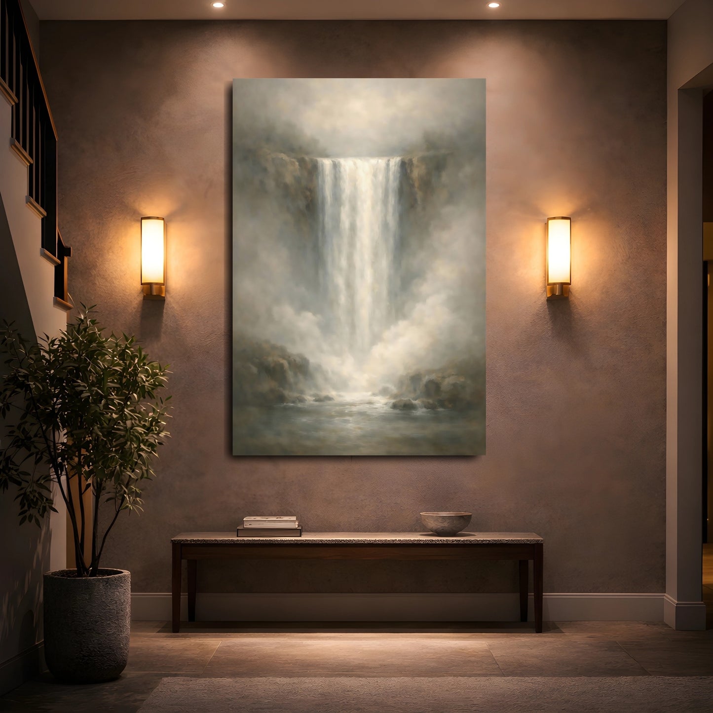 Mockup 4. Nature Waterfall Muted Grey Waterfall shown as stretched canvas wall art