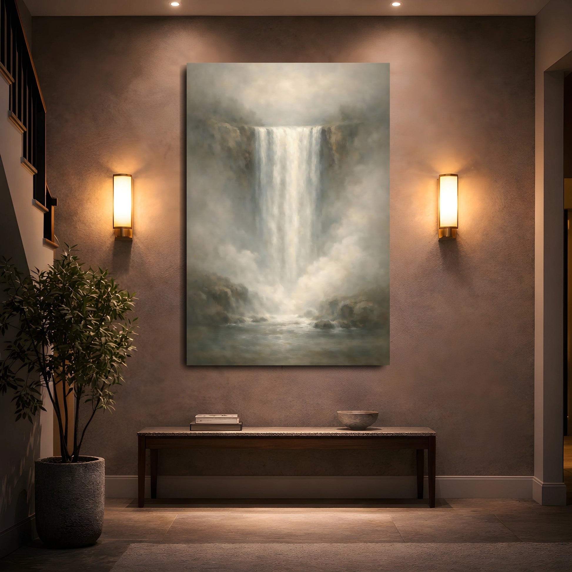 Mockup 4. Nature Waterfall Muted Grey Waterfall shown as stretched canvas wall art