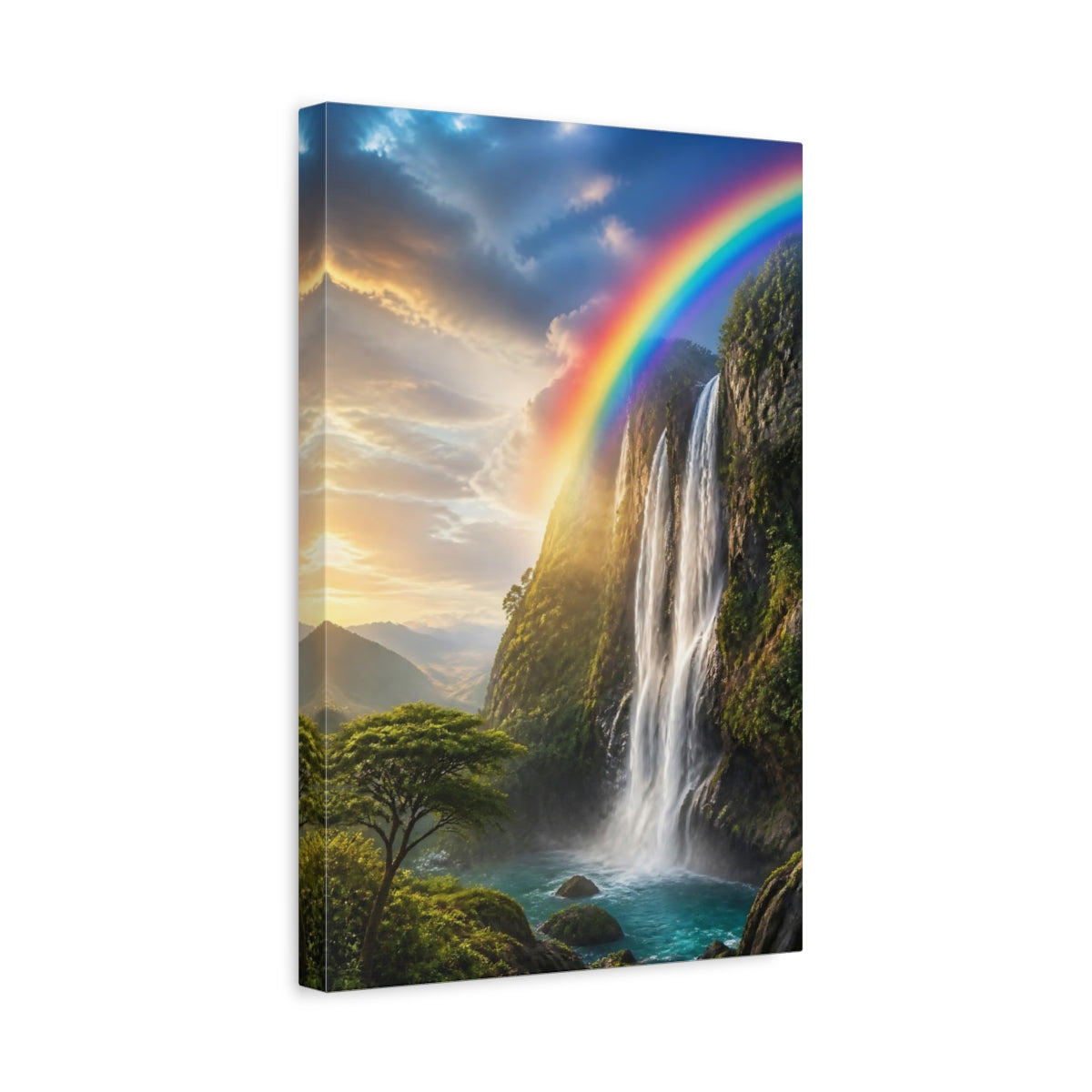 Side Mockup 4. Nature Waterfall Rainbow Waterfall shown as stretched canvas wall art