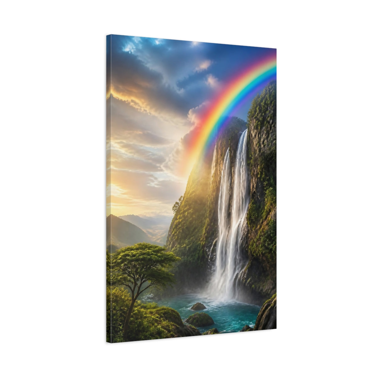 Main Mockup. Nature Waterfall Rainbow Waterfall shown as stretched canvas wall art