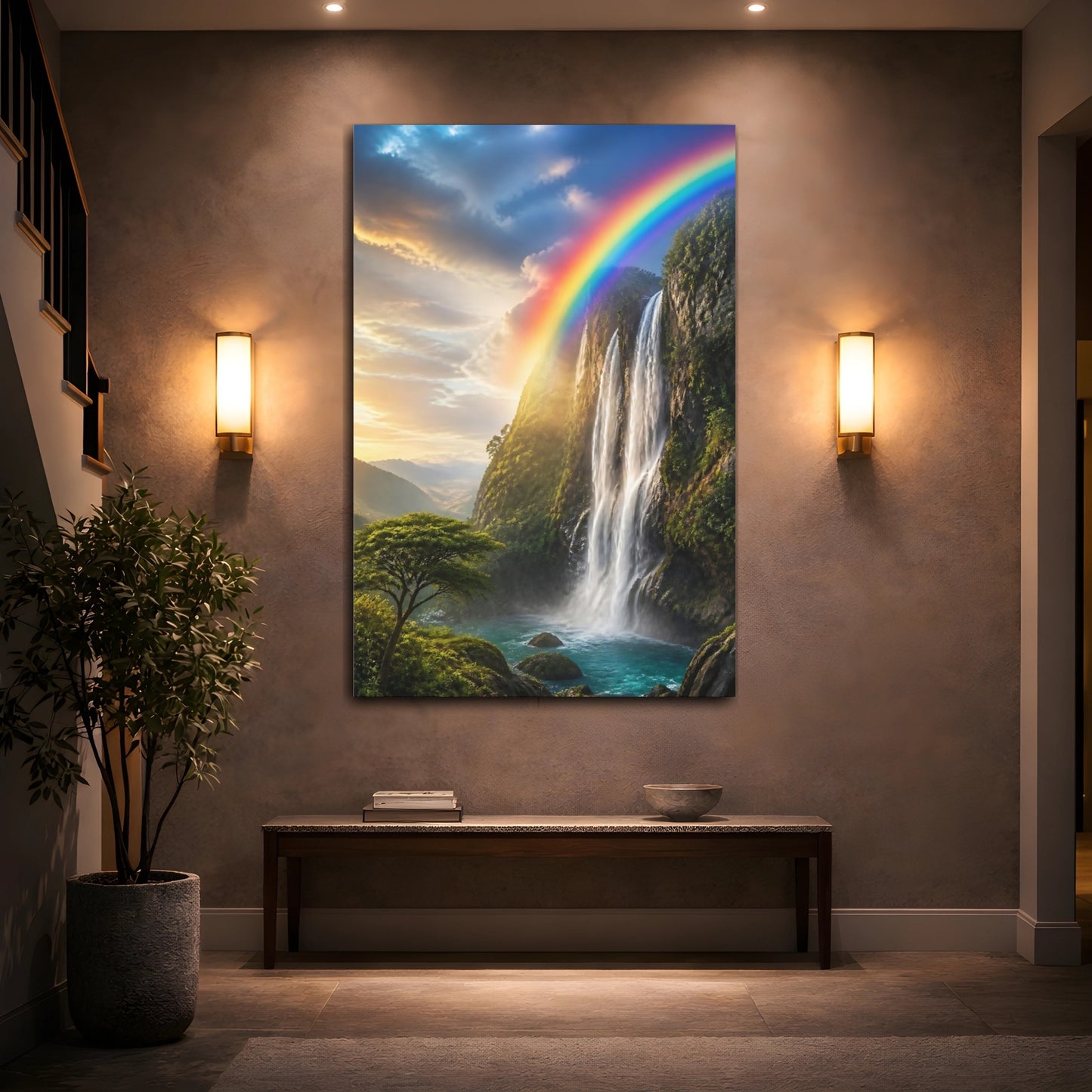 Mockup 2. Nature Waterfall Rainbow Waterfall shown as stretched canvas wall art