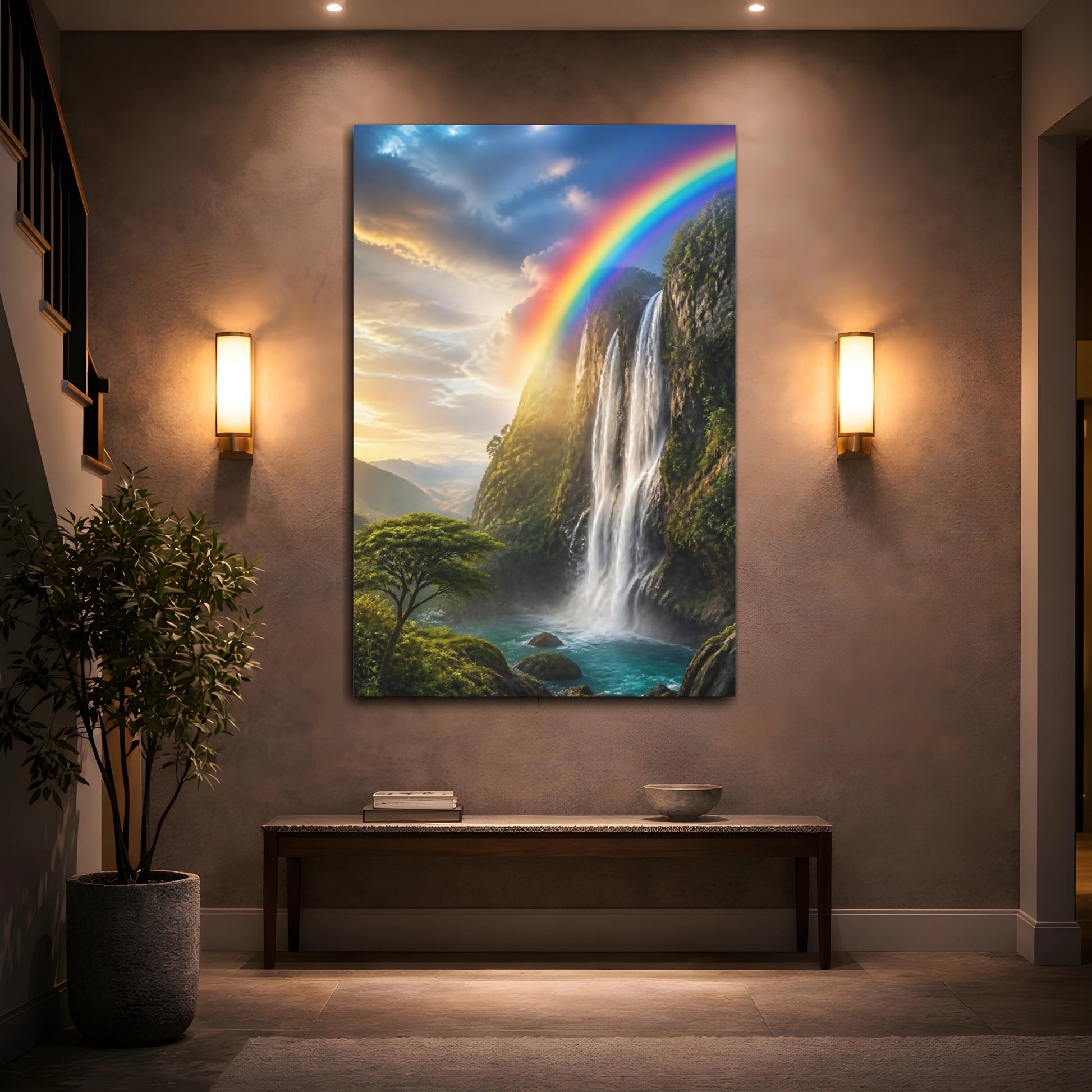 Mockup 2. Nature Waterfall Rainbow Waterfall shown as stretched canvas wall art