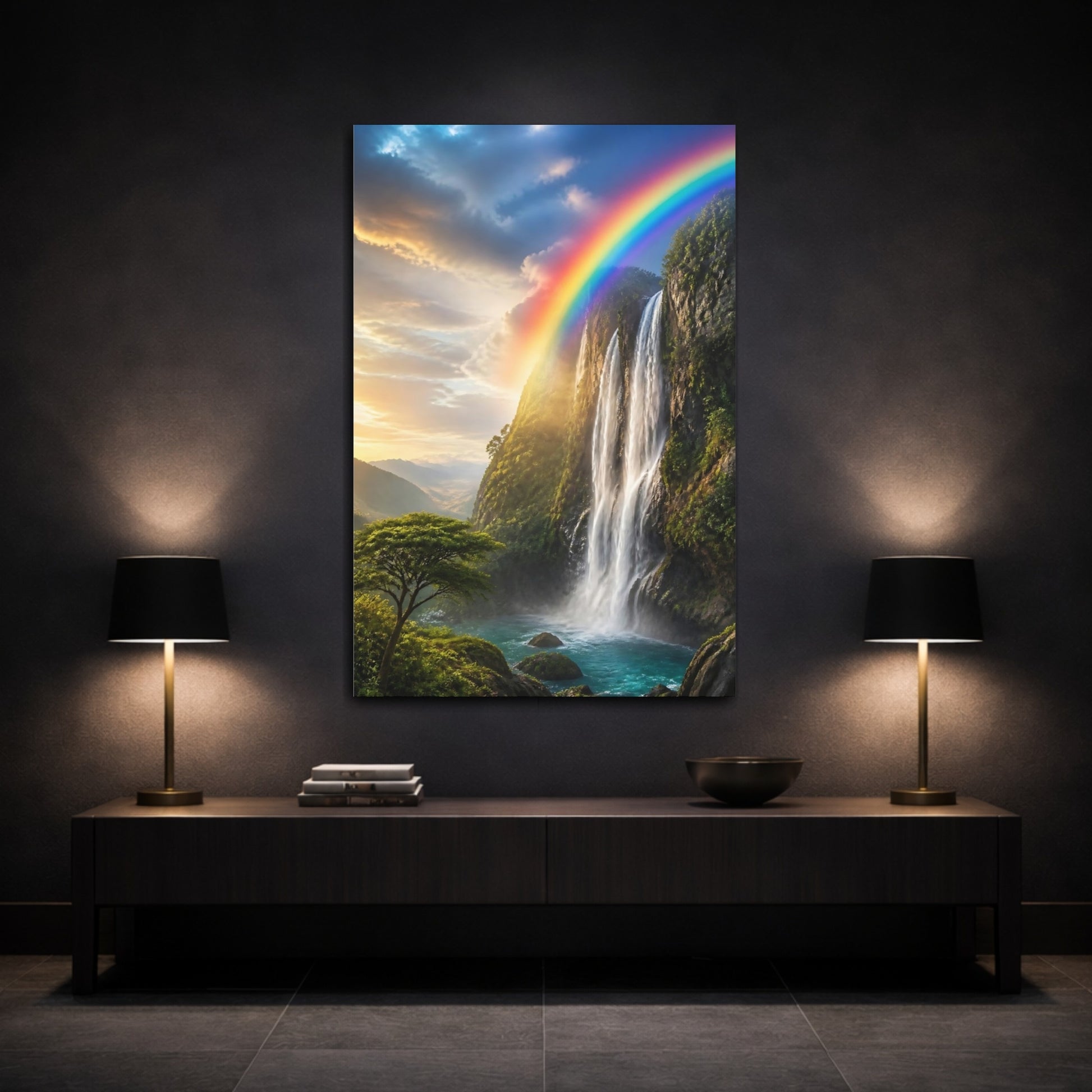 Mockup 3. Nature Waterfall Rainbow Waterfall shown as stretched canvas wall art