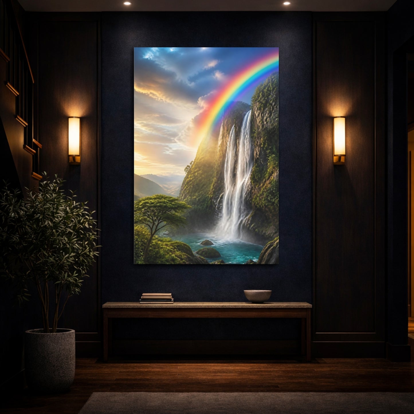 Mockup 4. Nature Waterfall Rainbow Waterfall shown as stretched canvas wall art