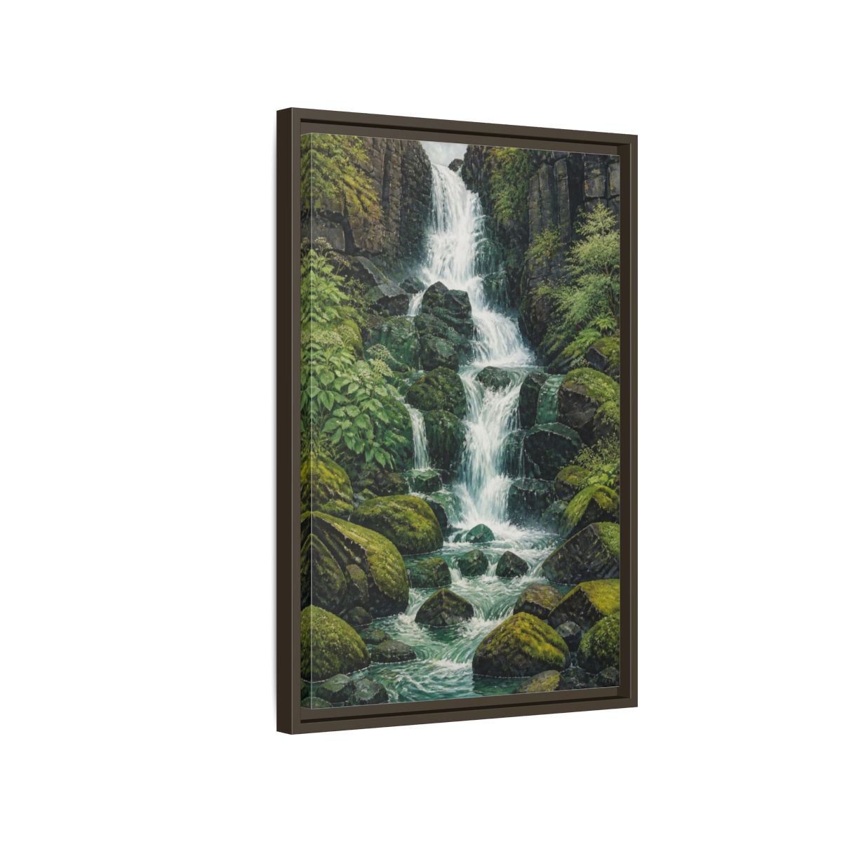 Side Mockup 2. Nature Waterfall Retreat shown as framed canvas print