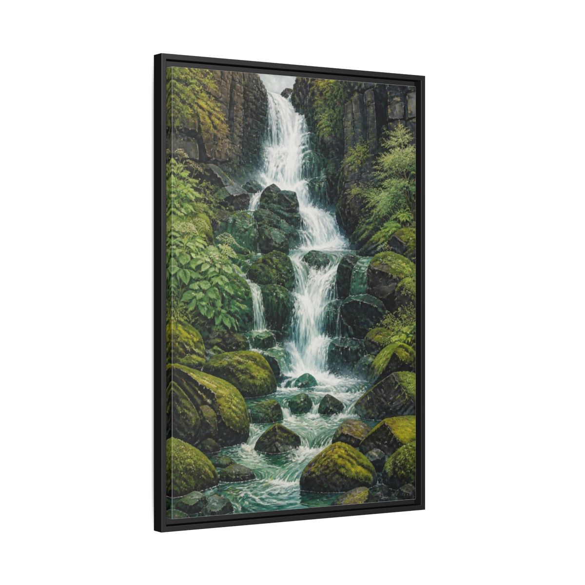 Side Mockup 13. Nature Waterfall Retreat shown as framed canvas print