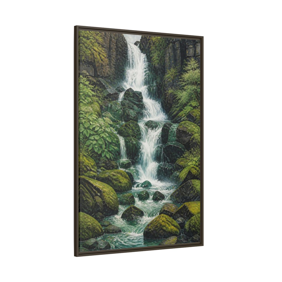 Side Mockup 8. Nature Waterfall Retreat shown as framed canvas print