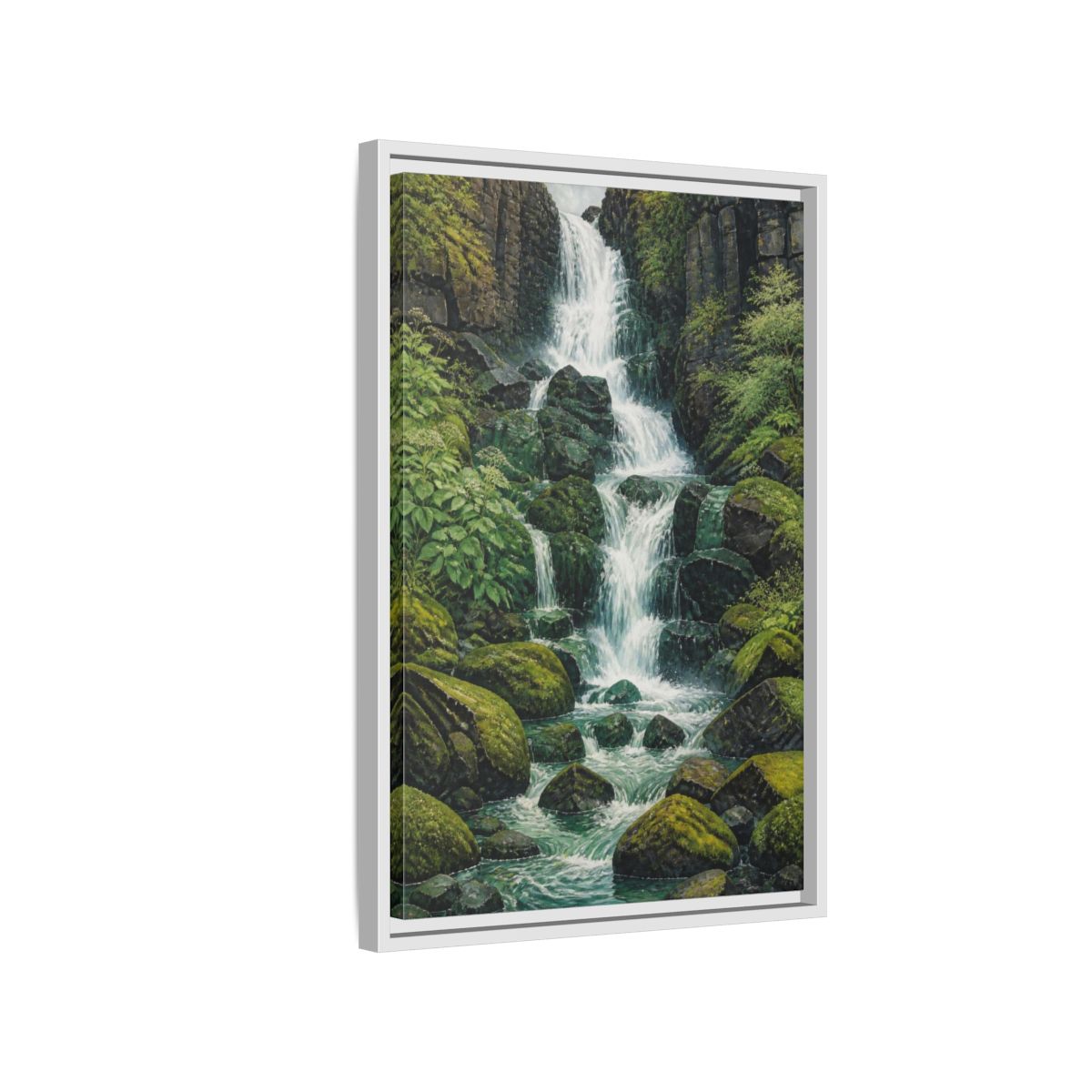 Side Mockup 1. Nature Waterfall Retreat shown as framed canvas print