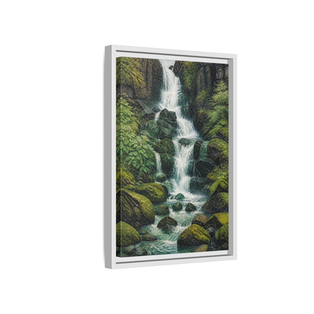 Side Mockup 4. Nature Waterfall Retreat shown as framed canvas print