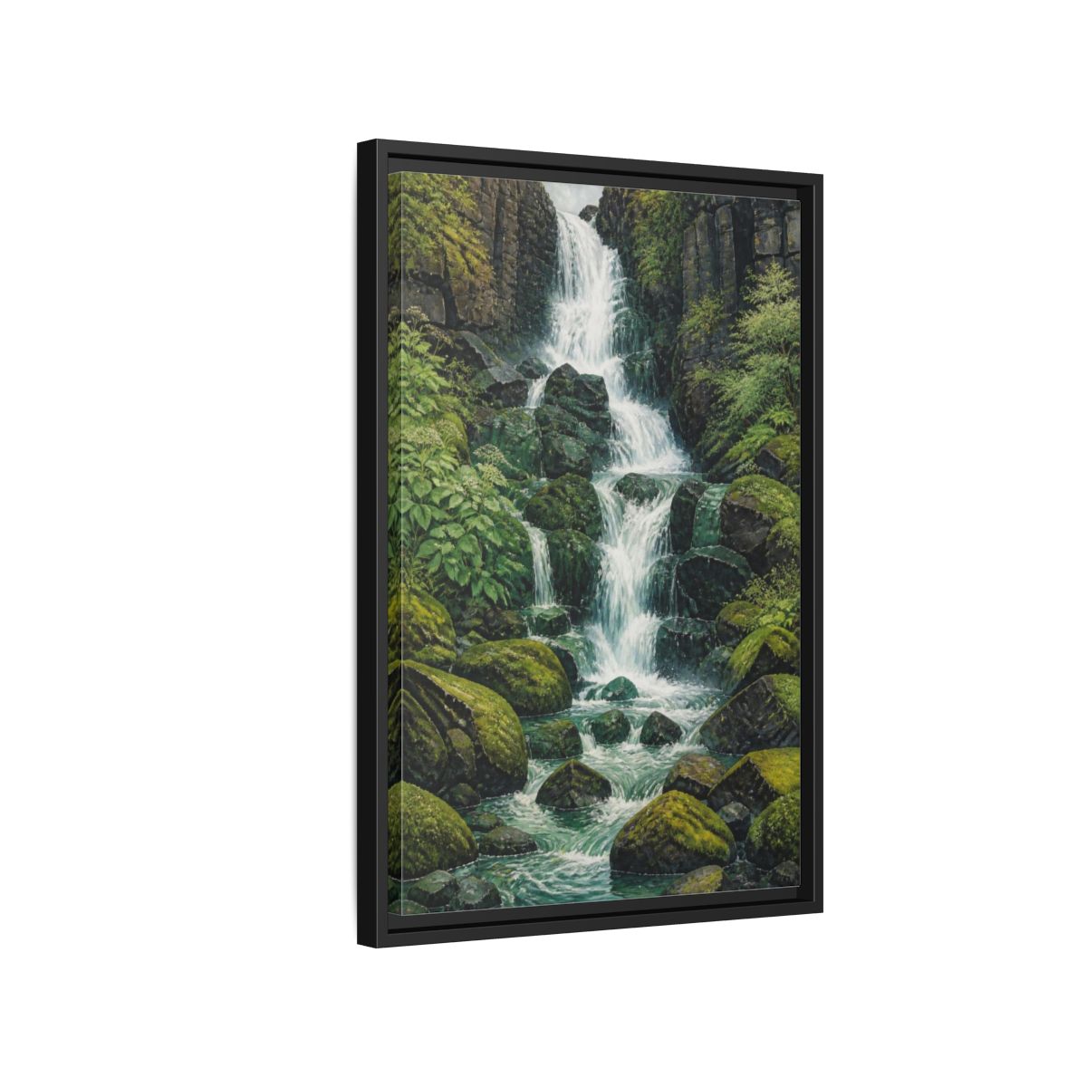 Side Mockup 3. Nature Waterfall Retreat shown as framed canvas print