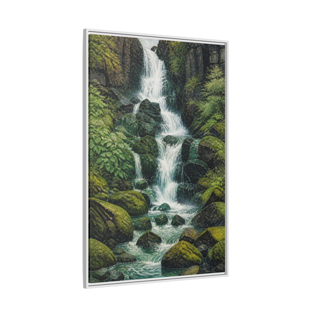 Side Mockup 7. Nature Waterfall Retreat shown as framed canvas print
