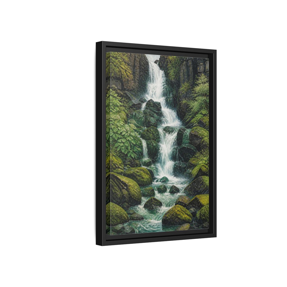 Side Mockup 6. Nature Waterfall Retreat shown as framed canvas print