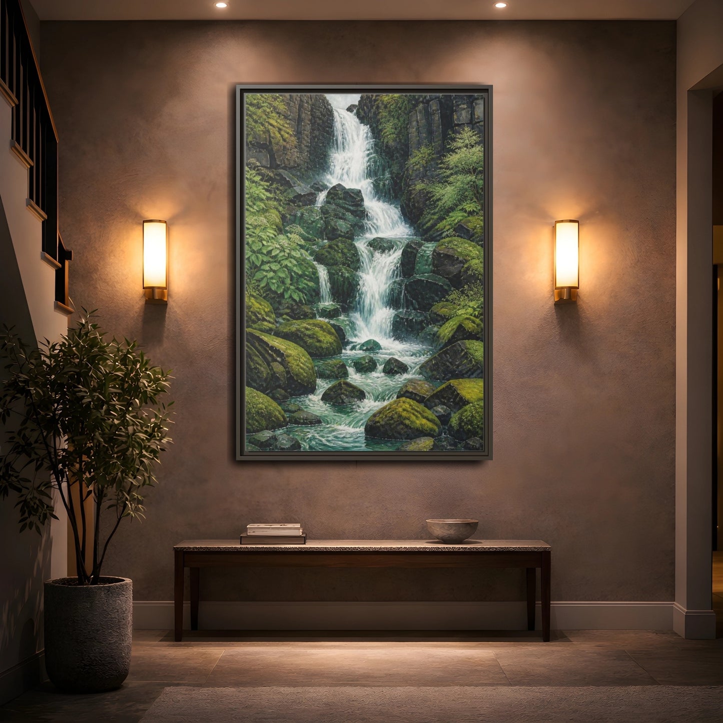 Mockup 2. Nature Waterfall Retreat shown as framed canvas print