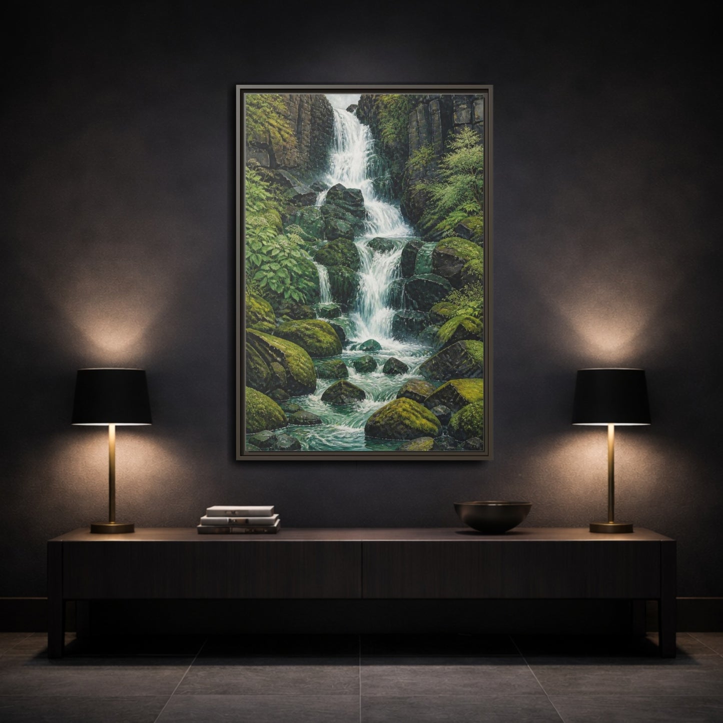 Mockup 3. Nature Waterfall Retreat shown as framed canvas print