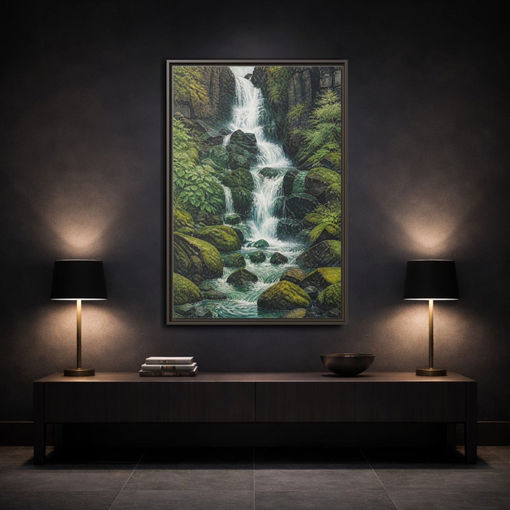 Mockup 3. Nature Waterfall Retreat shown as framed canvas print