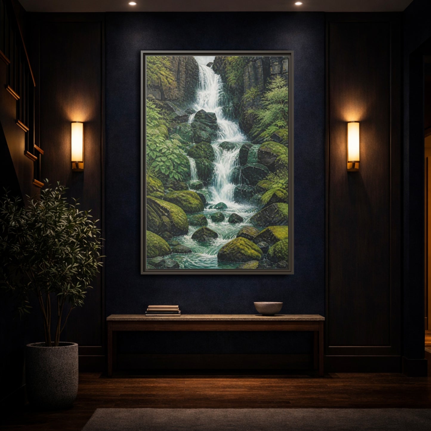 Mockup 4. Nature Waterfall Retreat shown as framed canvas print