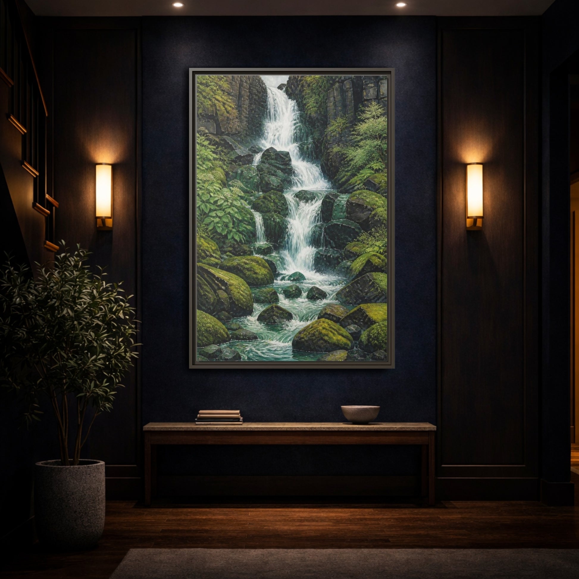 Mockup 4. Nature Waterfall Retreat shown as framed canvas print