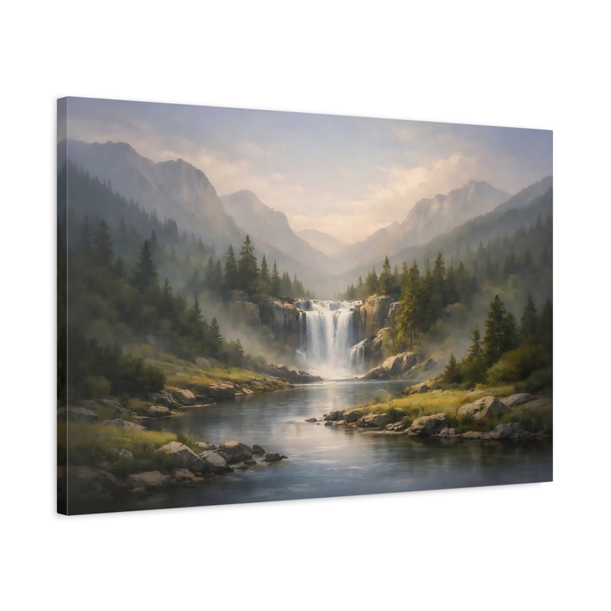 Nature Waterfall River Misty Mountain - Canvas Wall Art Print - YesArtYes