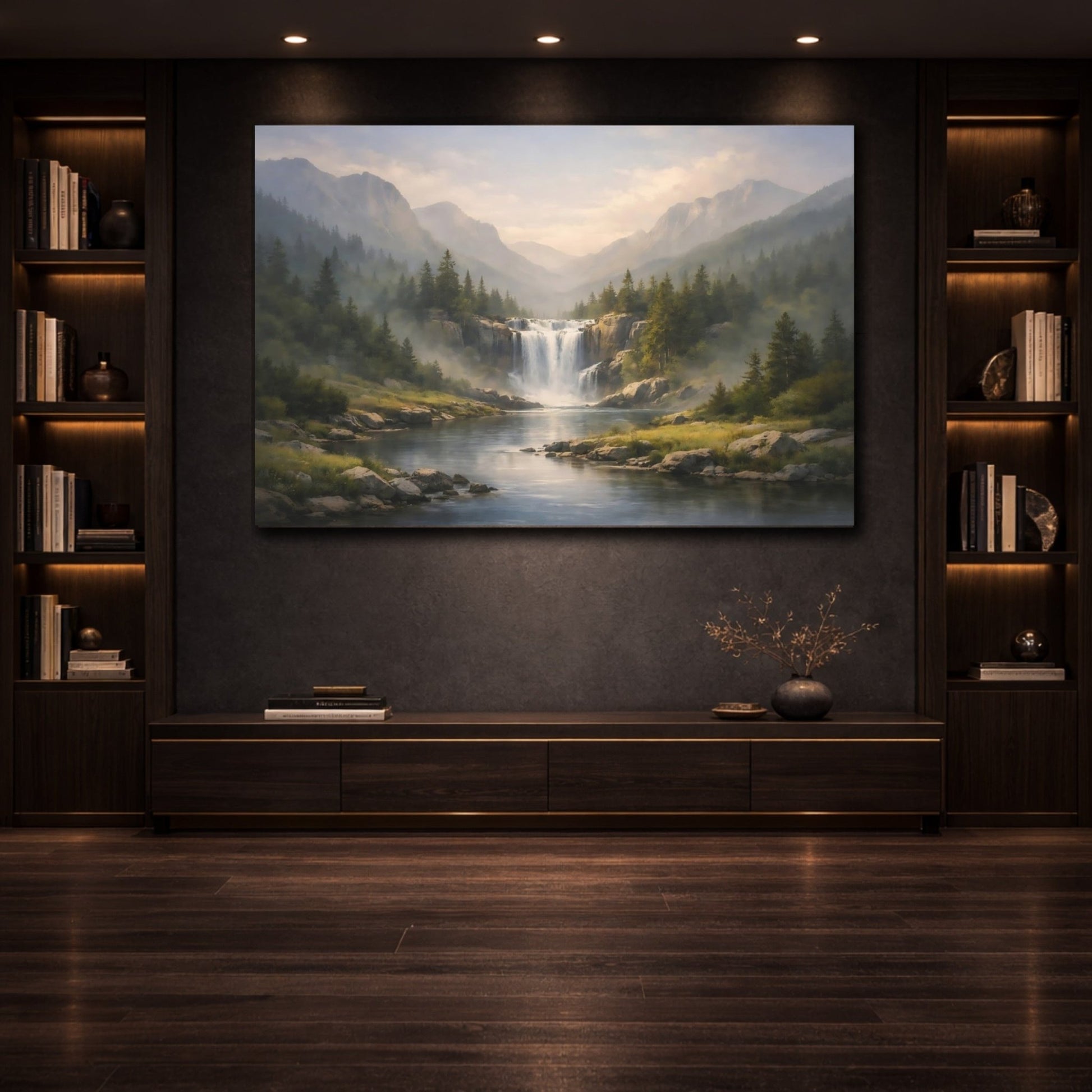Nature Waterfall River Misty Mountain - Canvas Wall Art Print - YesArtYes
