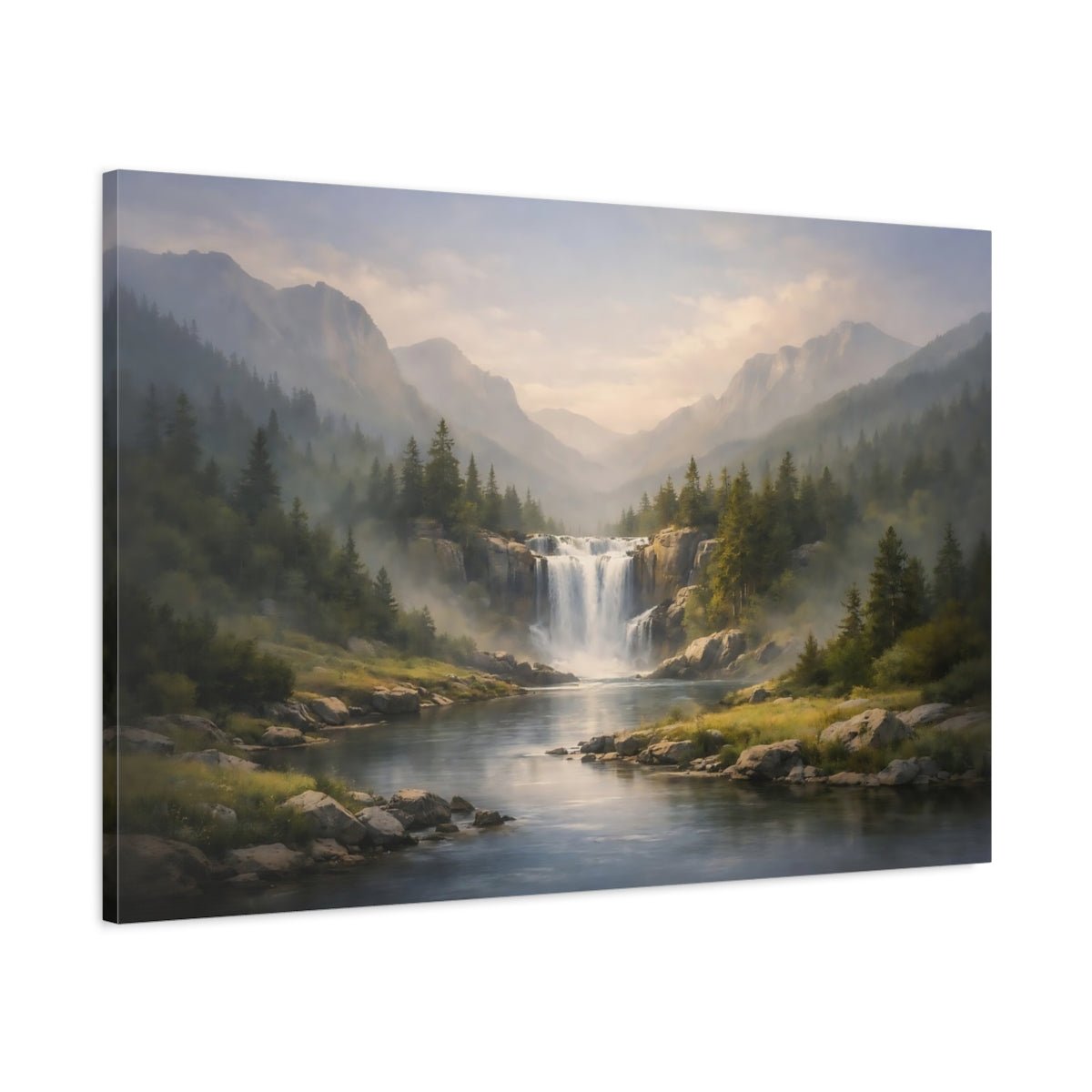 Nature Waterfall River Misty Mountain - Canvas Wall Art Print - YesArtYes