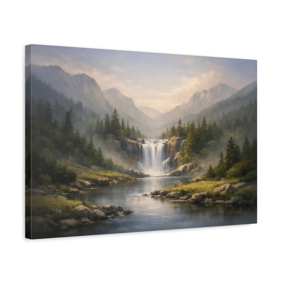 Nature Waterfall River Misty Mountain - Canvas Wall Art Print - YesArtYes