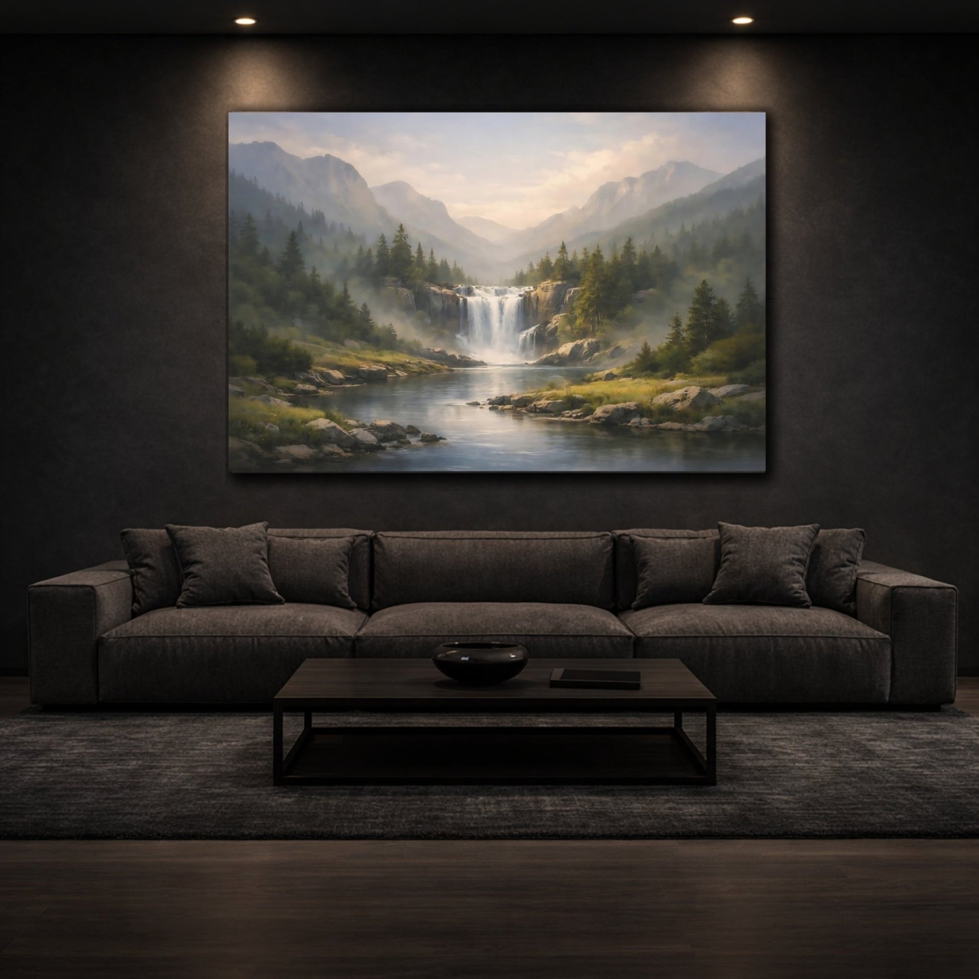 Nature Waterfall River Misty Mountain - Canvas Wall Art Print - YesArtYes
