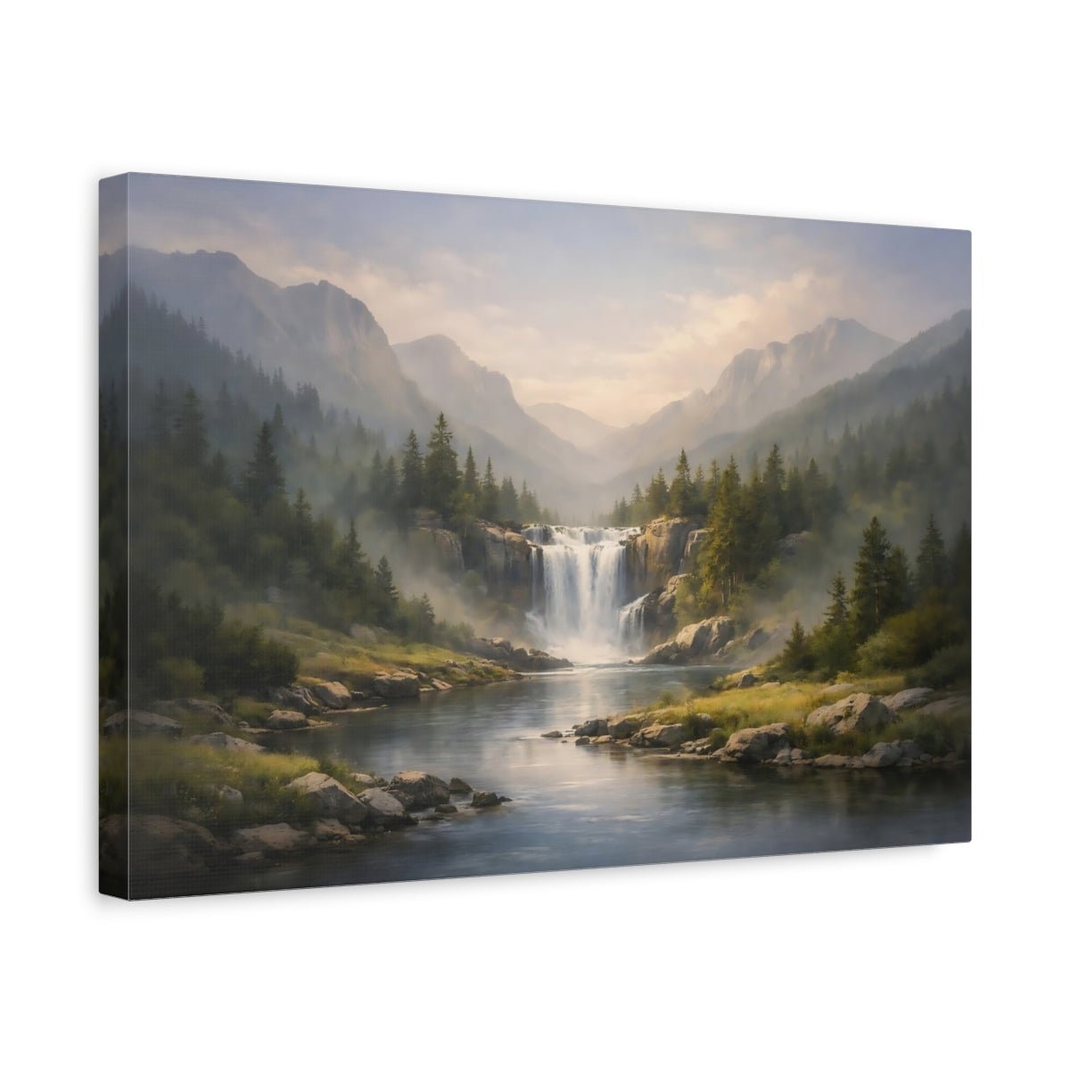 Nature Waterfall River Misty Mountain - Canvas Wall Art Print - YesArtYes