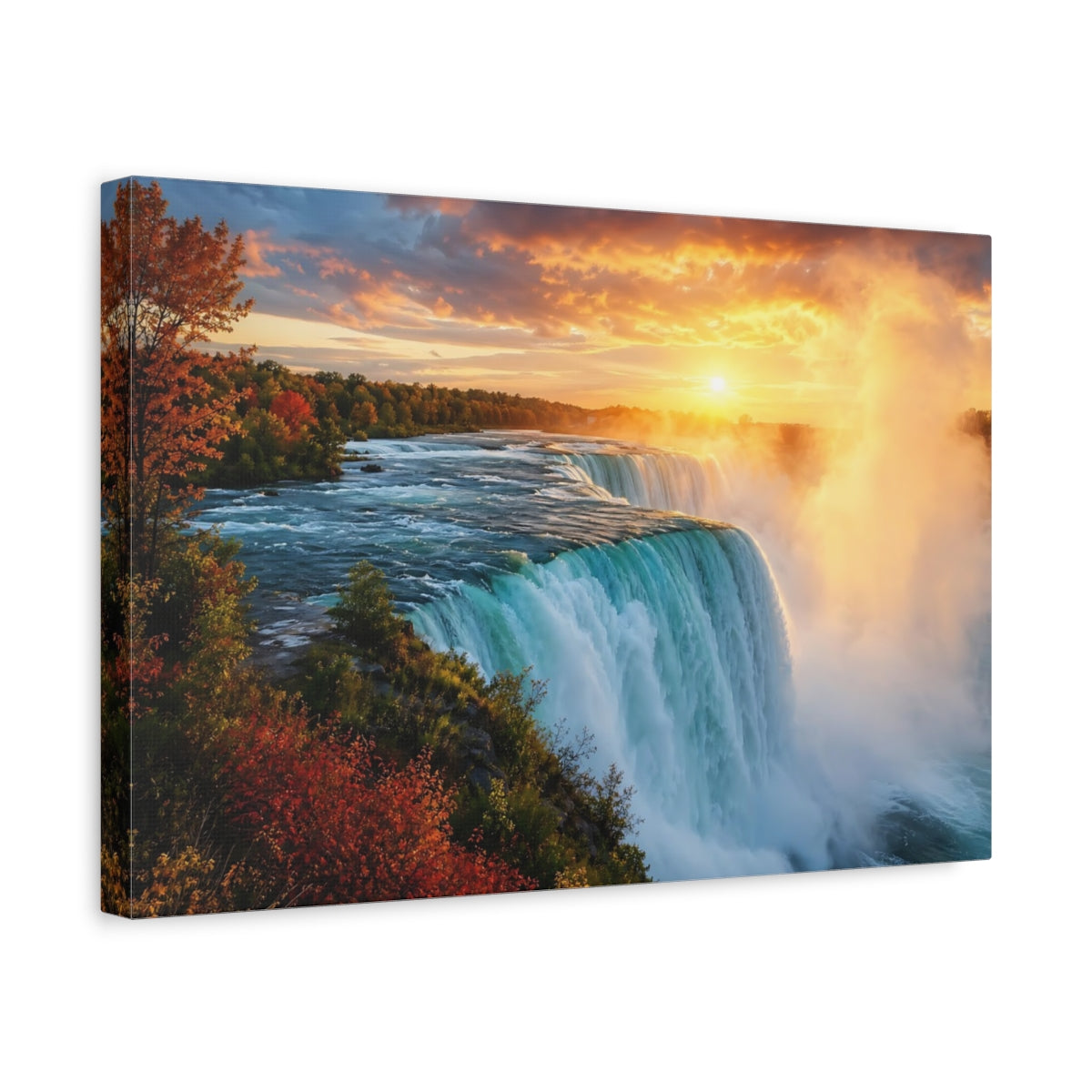 Side Mockup 4. Nature Waterfall Sunset Waterfall shown as stretched canvas wall art