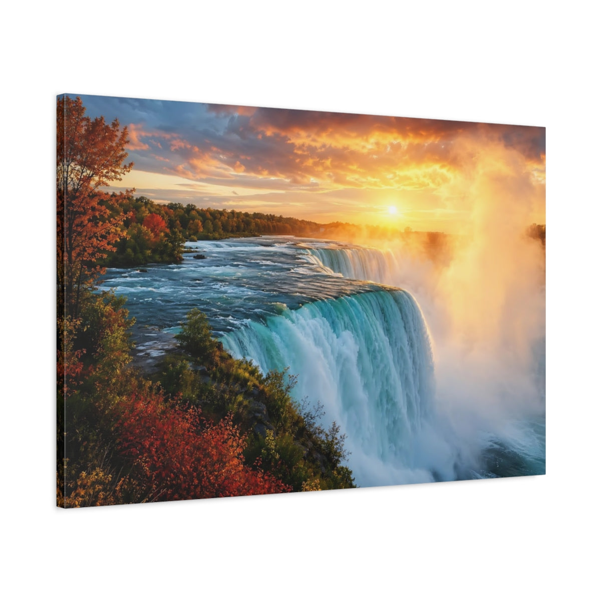 Main Mockup. Nature Waterfall Sunset Waterfall shown as stretched canvas wall art