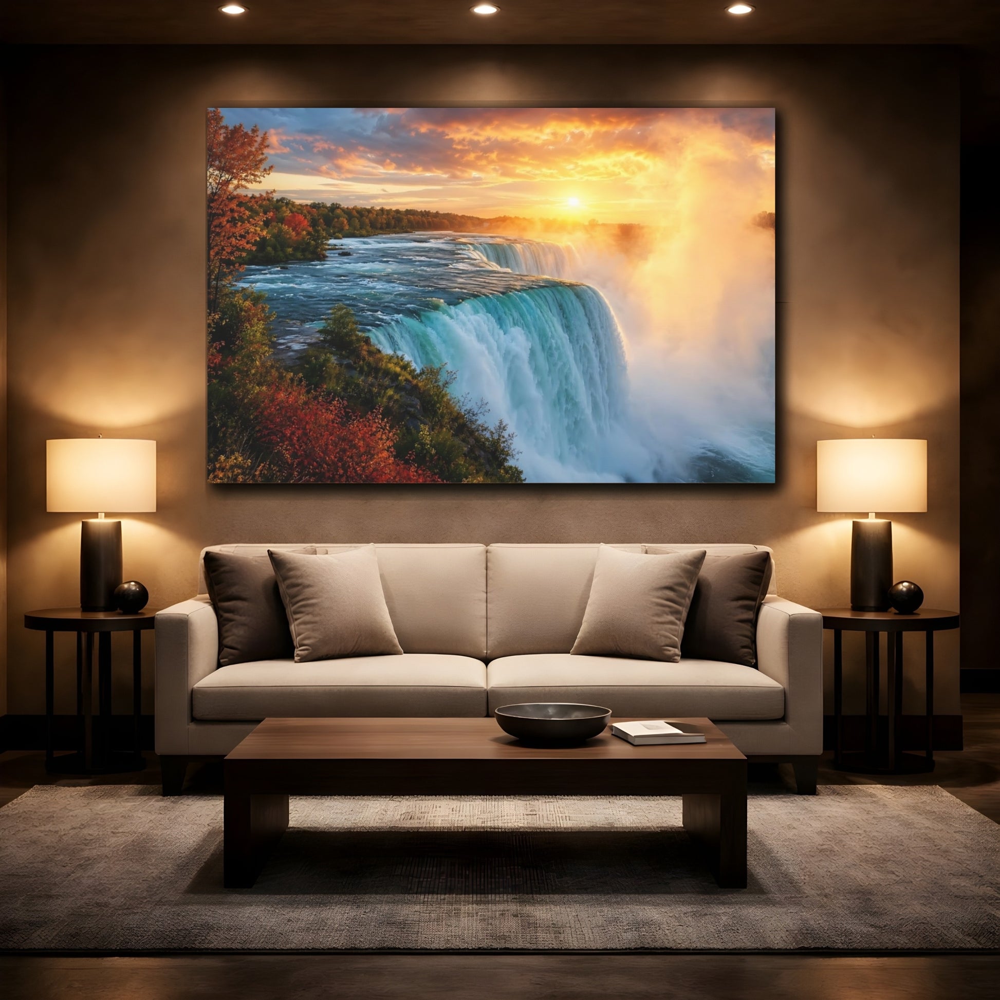 Mockup 2. Nature Waterfall Sunset Waterfall shown as stretched canvas wall art