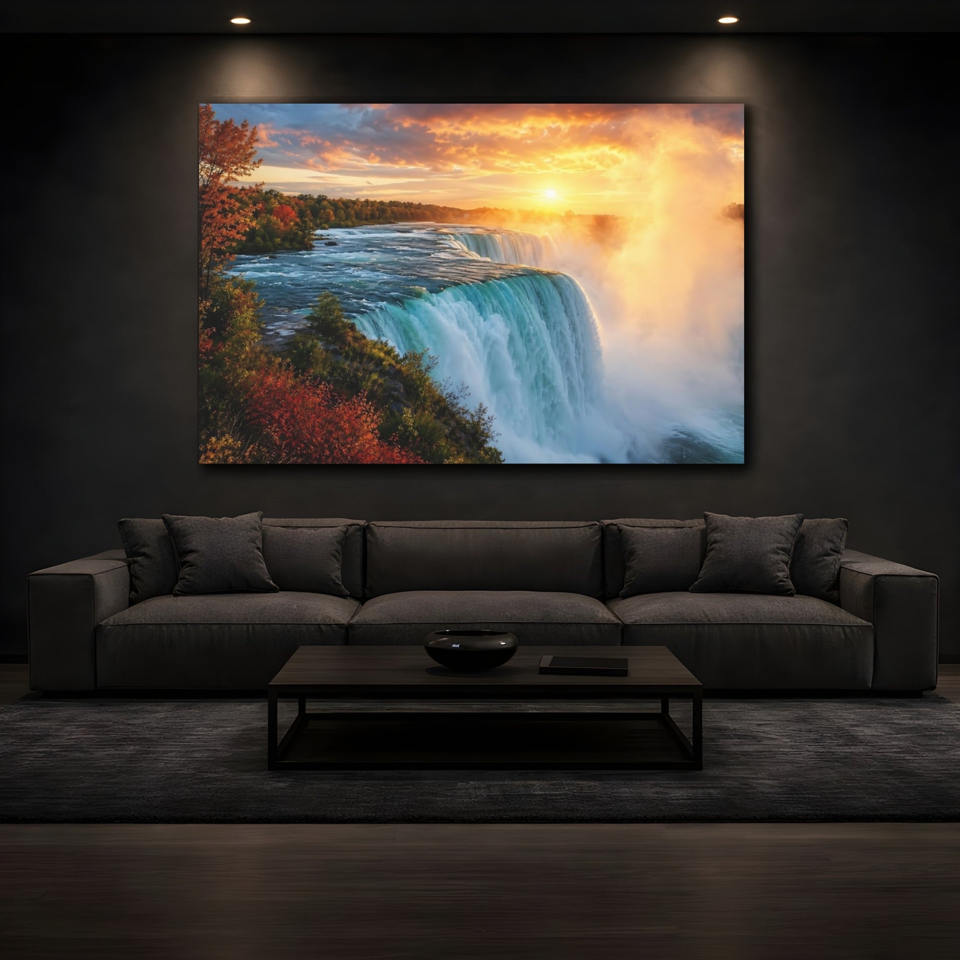 Mockup 3. Nature Waterfall Sunset Waterfall shown as stretched canvas wall art